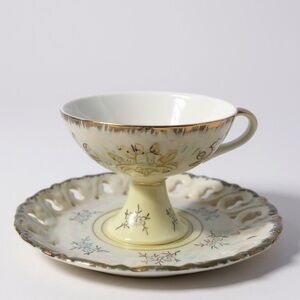 Lusterware tea cup and saucer, iridescent, shimmering, vintage, pedestal cup